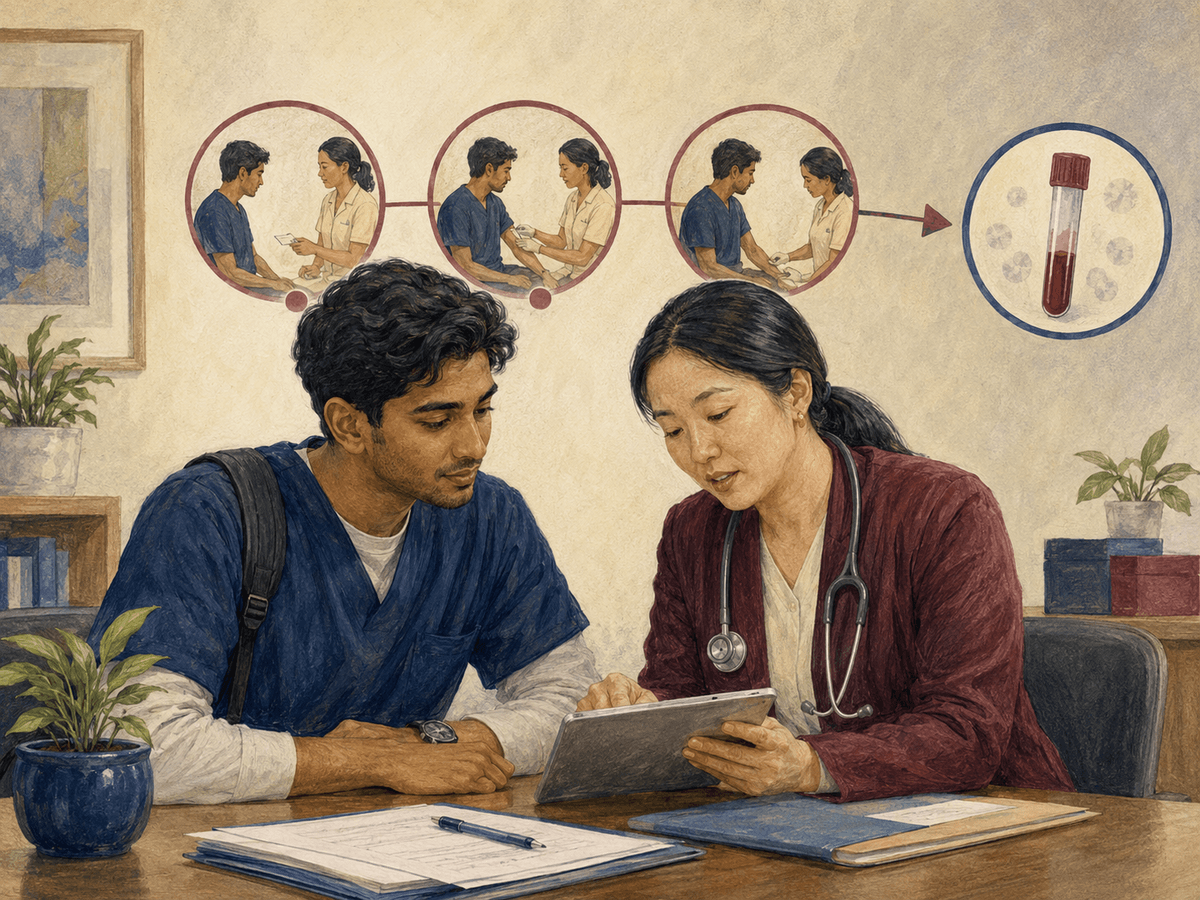 Healthcare student reviewing a hepatitis B vaccination and serology plan with a clinician