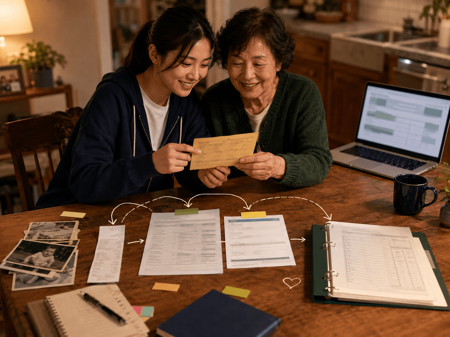 Two people reviewing immunization records and supporting documents at a table