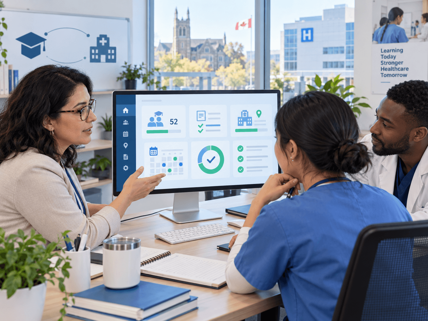 Clinical placement team reviewing student requirements and schedules on a shared screen