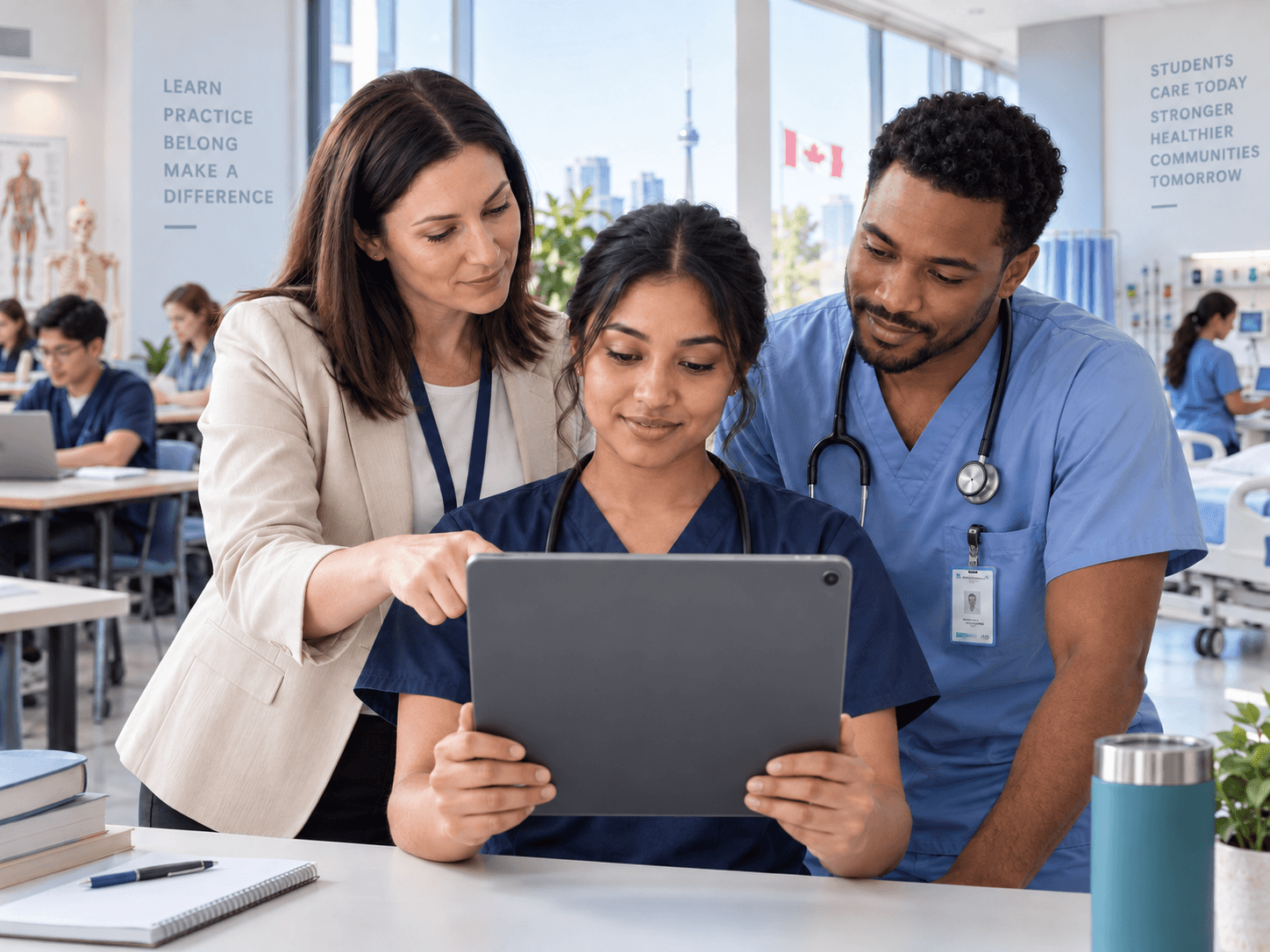 Clinical placement team reviewing information together on a tablet