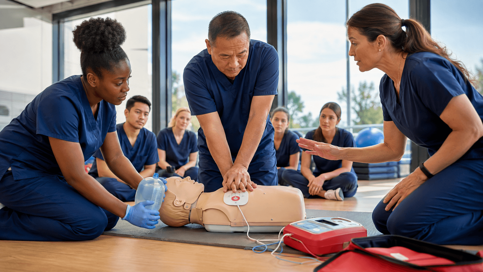 Healthcare trainees practising CPR, ventilation, and AED use on a mannequin