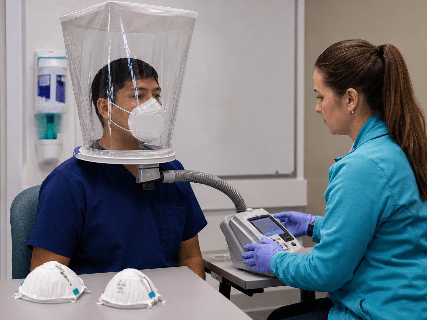 Healthcare worker undergoing N95 respirator fit testing with a clinical instructor