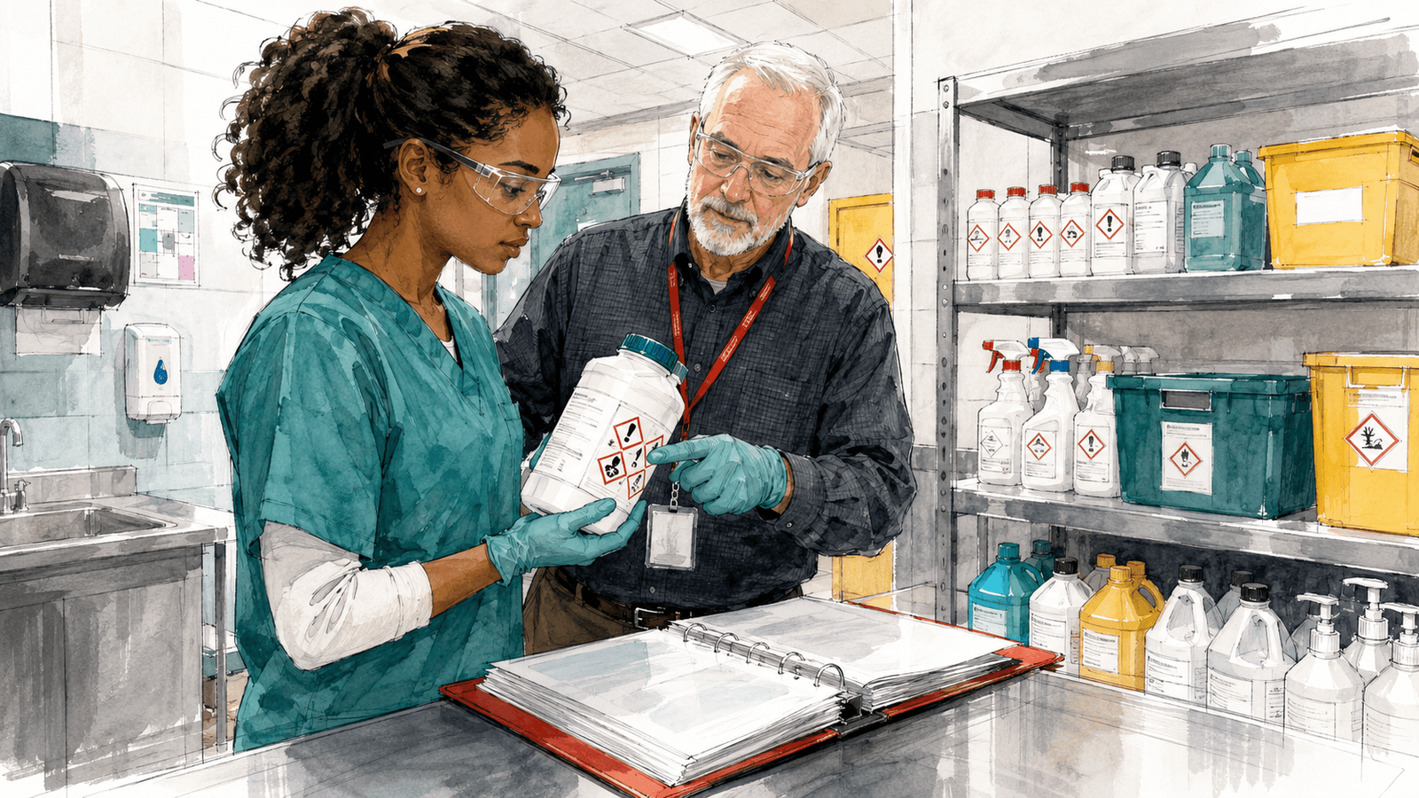Healthcare worker reviewing WHMIS hazard labels with a safety instructor