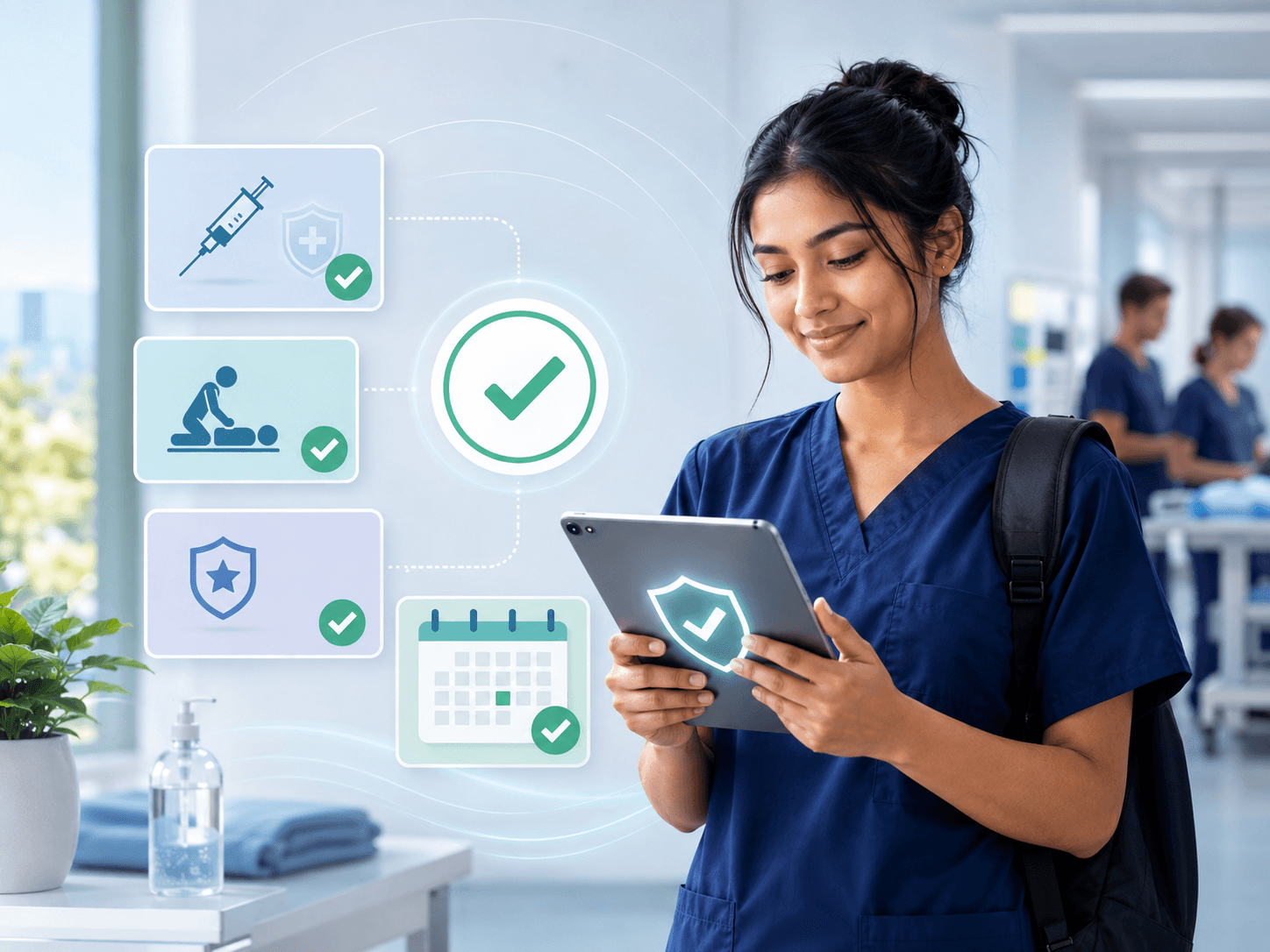 Healthcare student reviewing clinical placement compliance requirements on a tablet