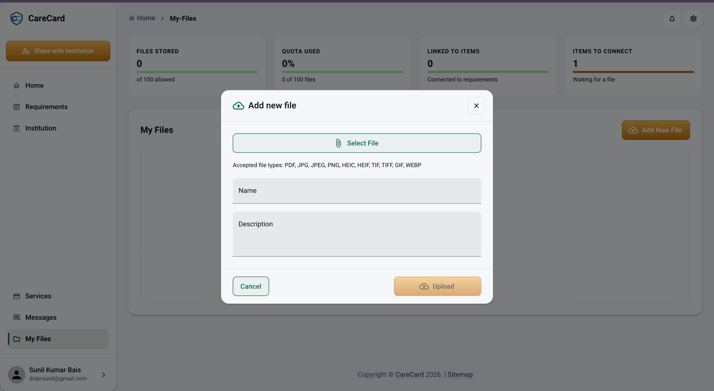 Add new file dialog with a Select File button, the accepted file types, Name and Description fields, and Cancel and Upload buttons