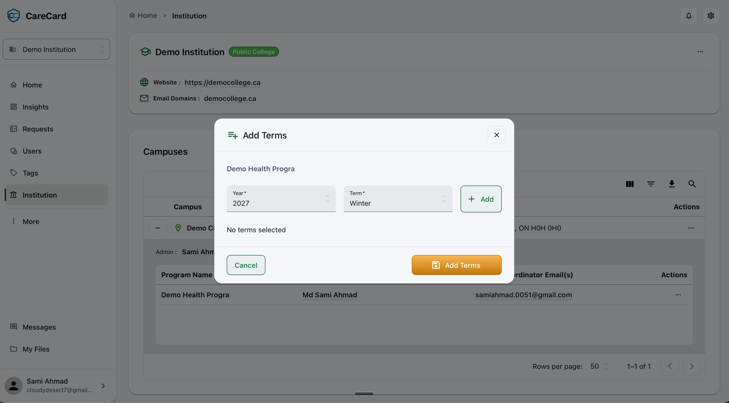 Add Terms dialog for a program, with Year and Term dropdowns, an Add button, No terms selected, and an Add Terms save button