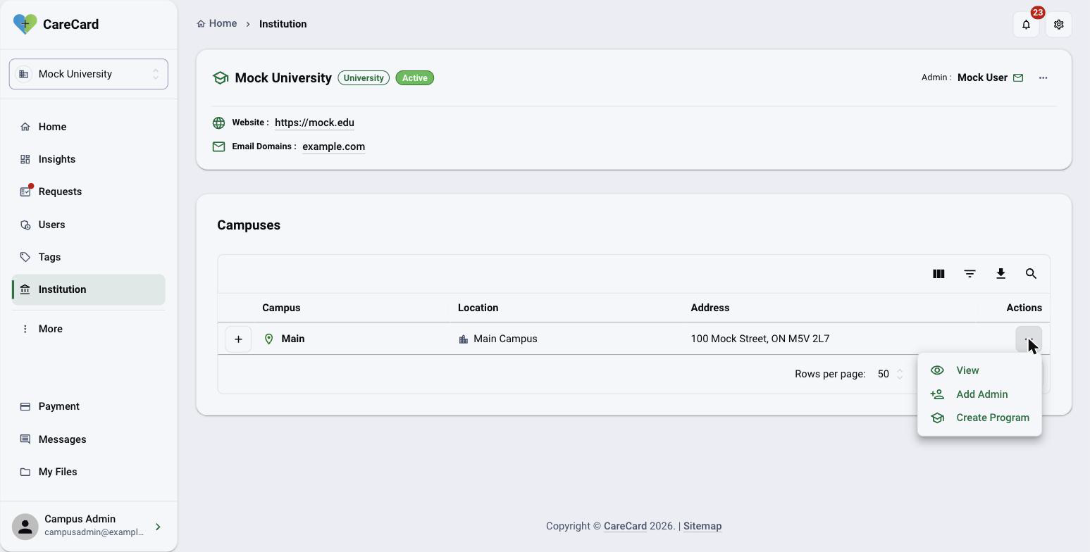 Campus row actions menu showing View, Add Admin, and Create Program