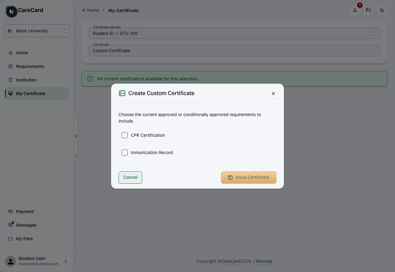 Boîte de dialogue Créer un certificat personnalisé listant des exigences sous forme de cases à cocher, avec les boutons Annuler et Émettre le certificat