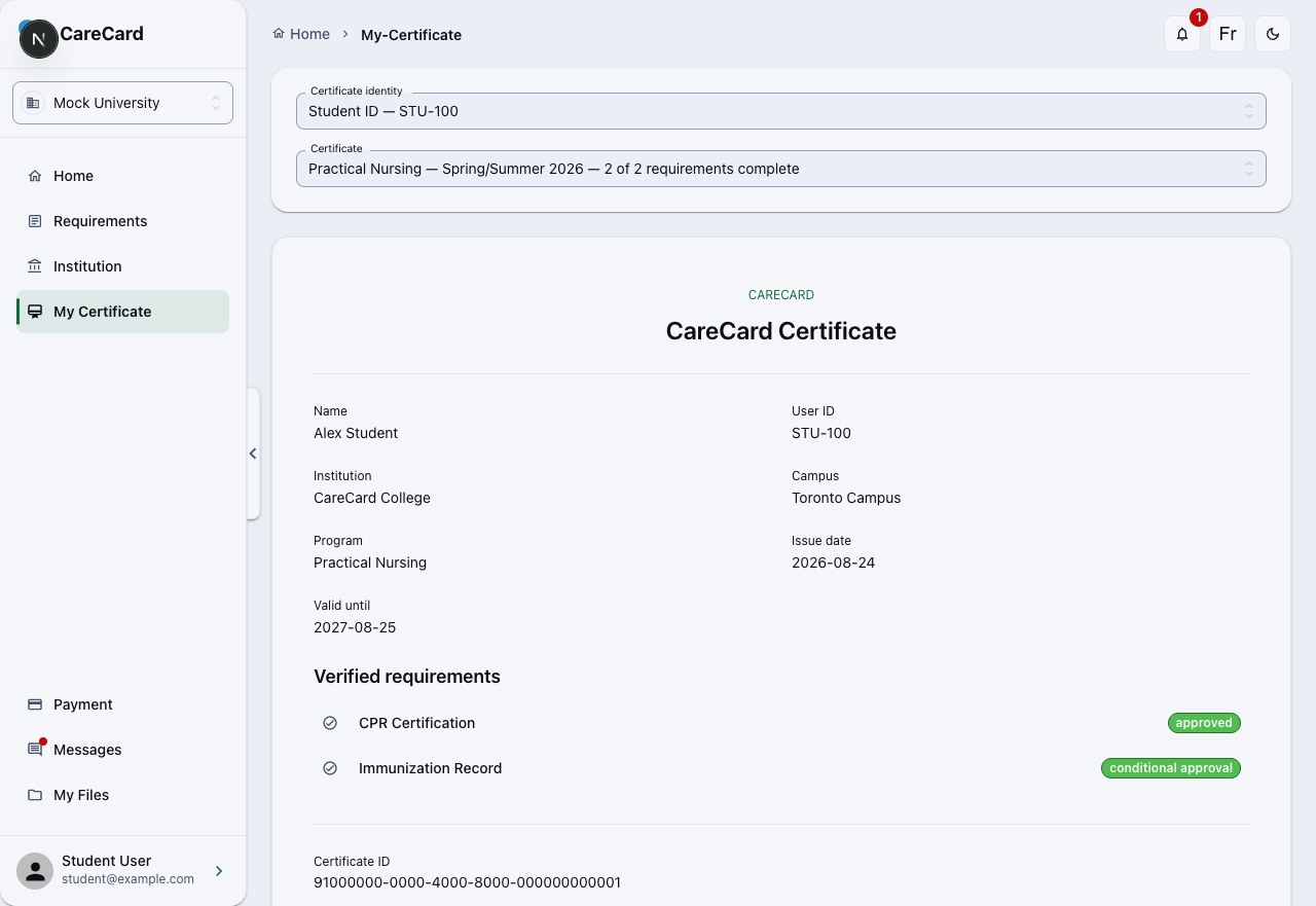 Page Mon certificat de CareCard : les sélecteurs Identité du certificat et Certificat au-dessus d'un certificat affichant le nom, l'identifiant, l'établissement, le campus, le programme, la date d'émission, la date de validité, les exigences vérifiées et l'identifiant du certificat