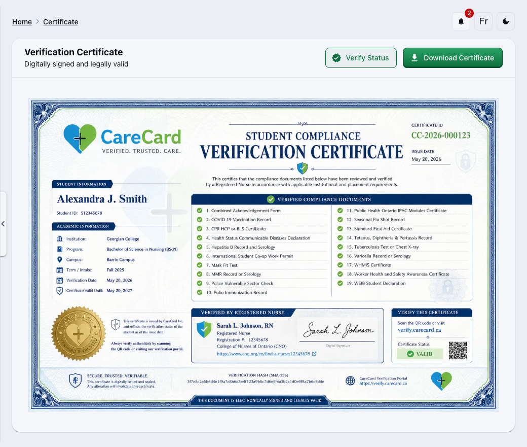 Verification certificate showing student information, verified compliance documents, and Verify Status and Download Certificate buttons