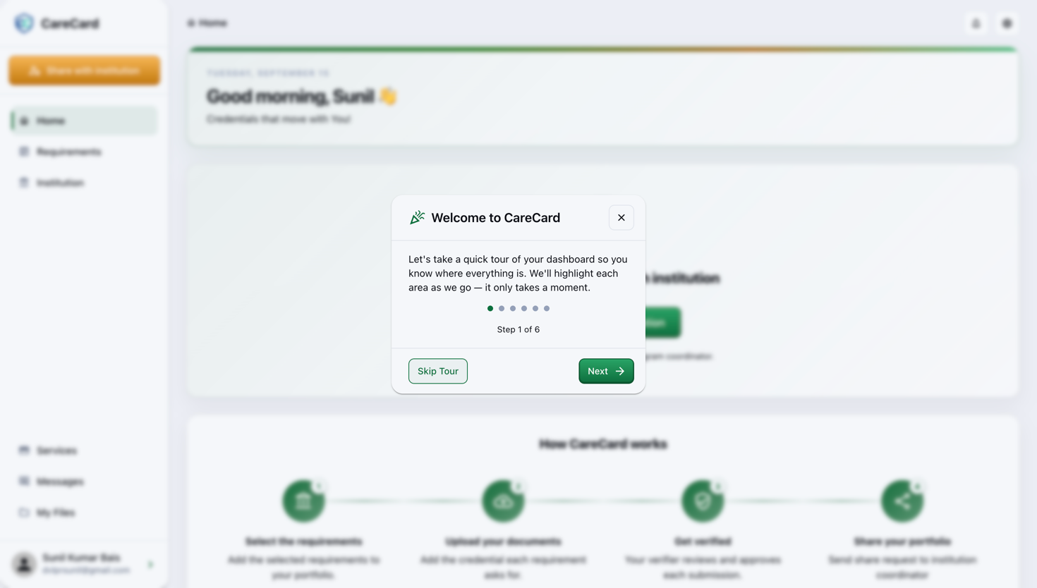 Welcome to CareCard tour dialog on the Home dashboard, showing Step 1 of 6 with Skip Tour and Next buttons