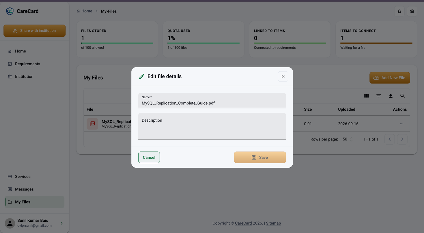 Edit file details dialog with Name and Description fields and a Save button