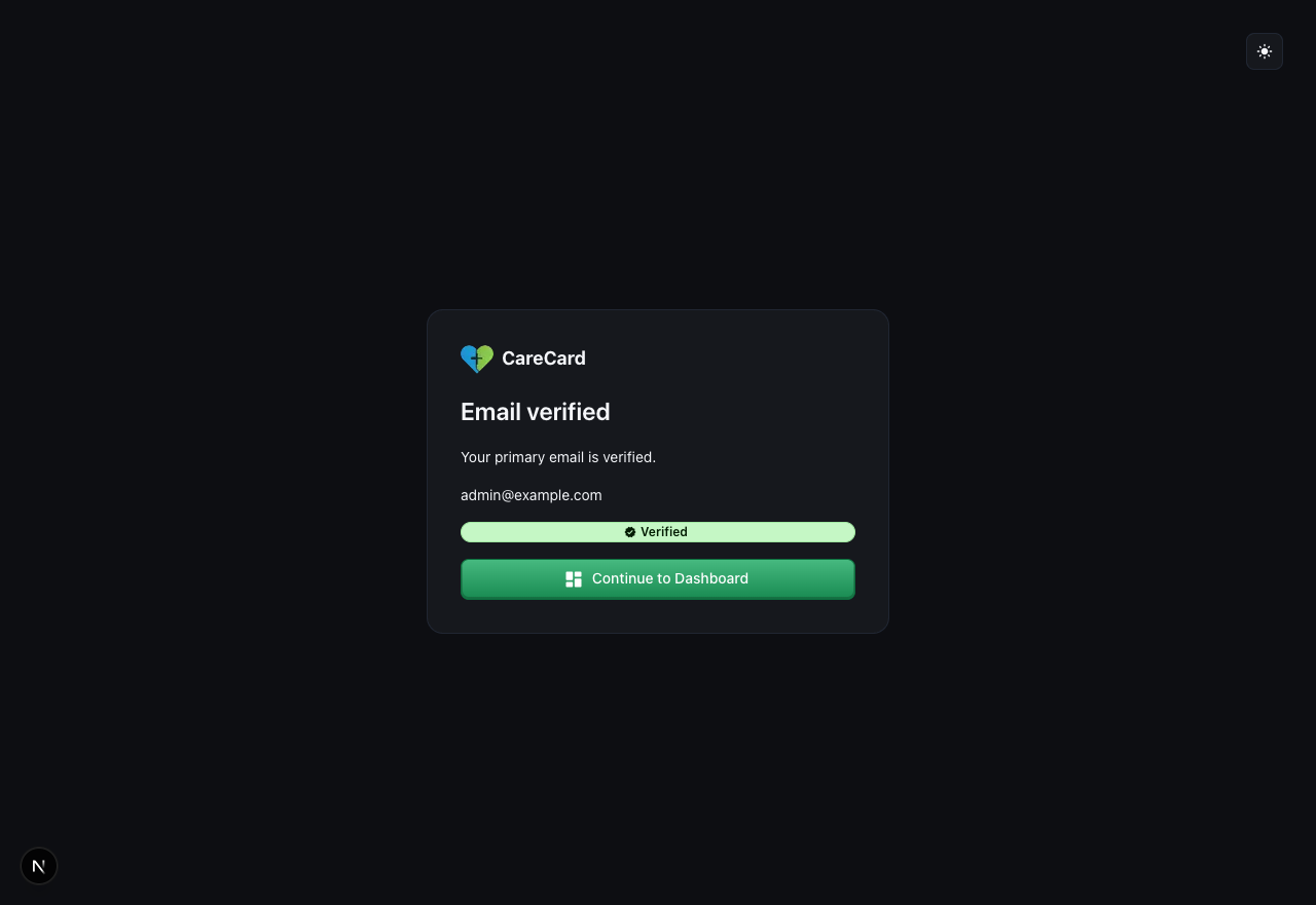 Email verified page showing a verified email address and a Continue to Dashboard button