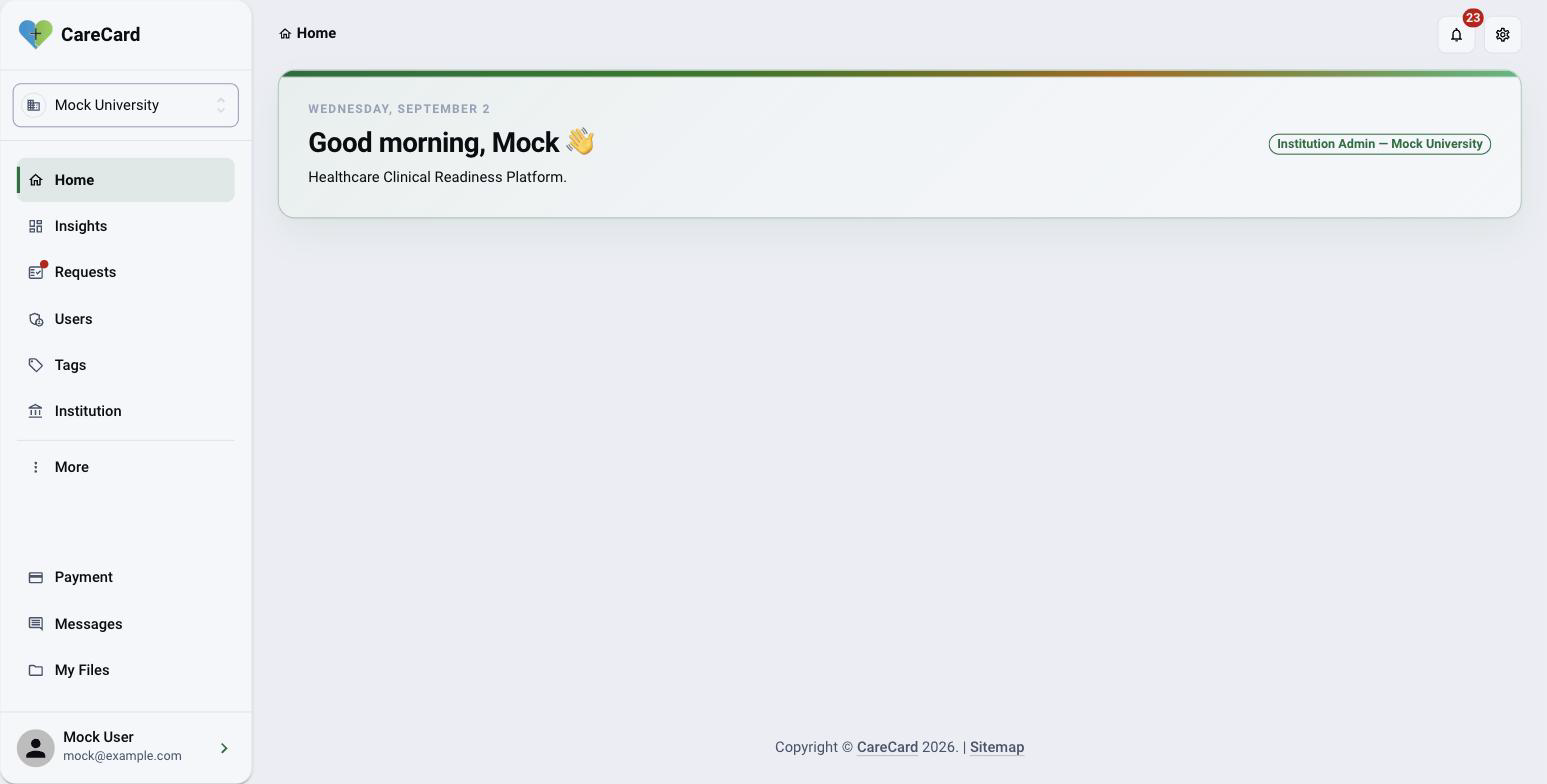 Institution Admin Home dashboard with the side menu and the role banner reading Institution Admin — Mock University