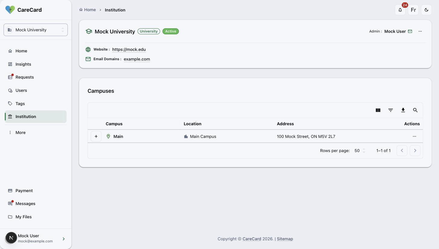 Institution page showing Mock University's details and its campus list