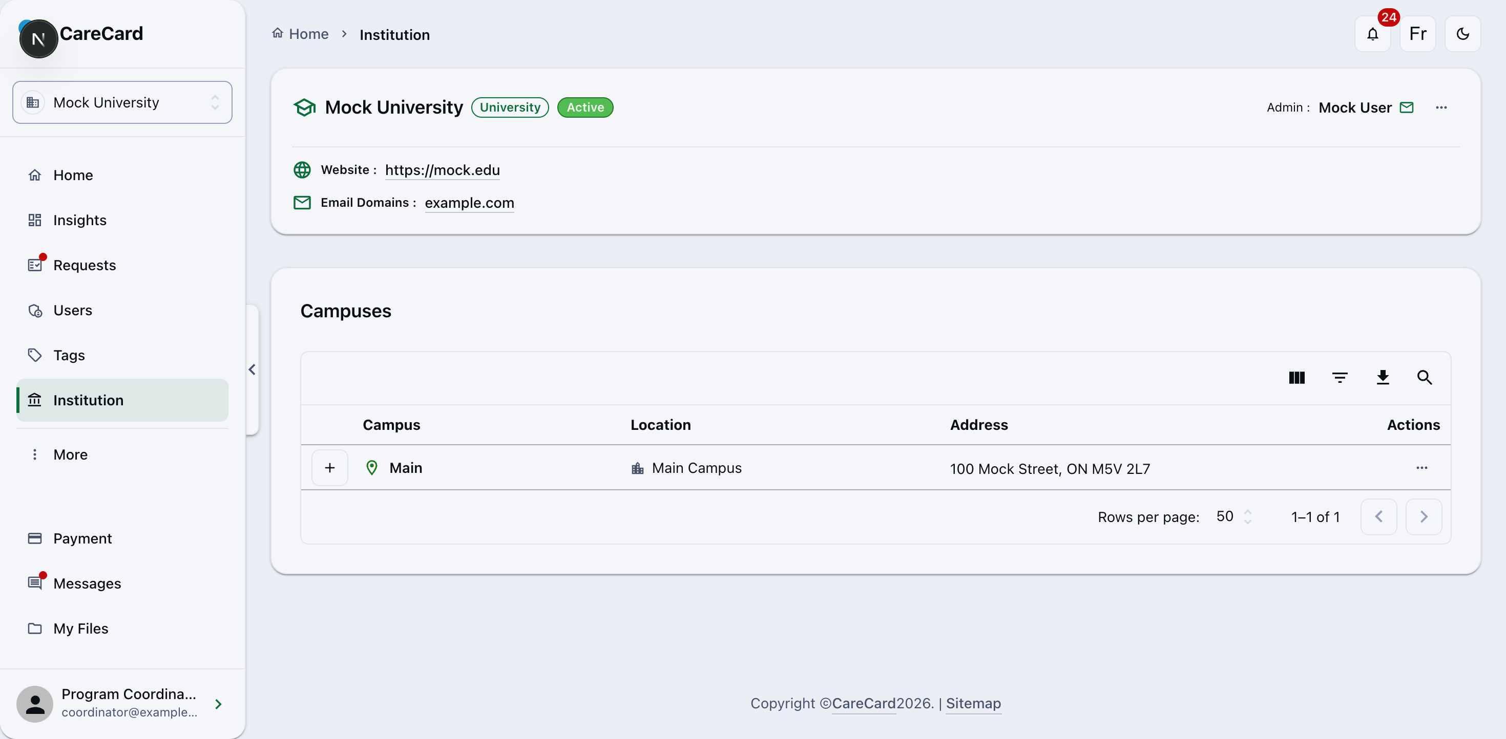 Institution page showing Mock University's details and its campus list
