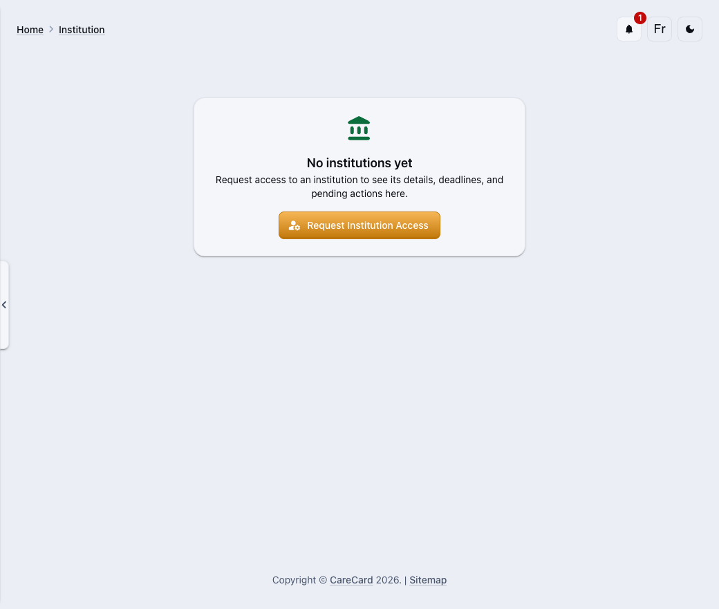 No institutions yet empty state with a Request Institution Access button