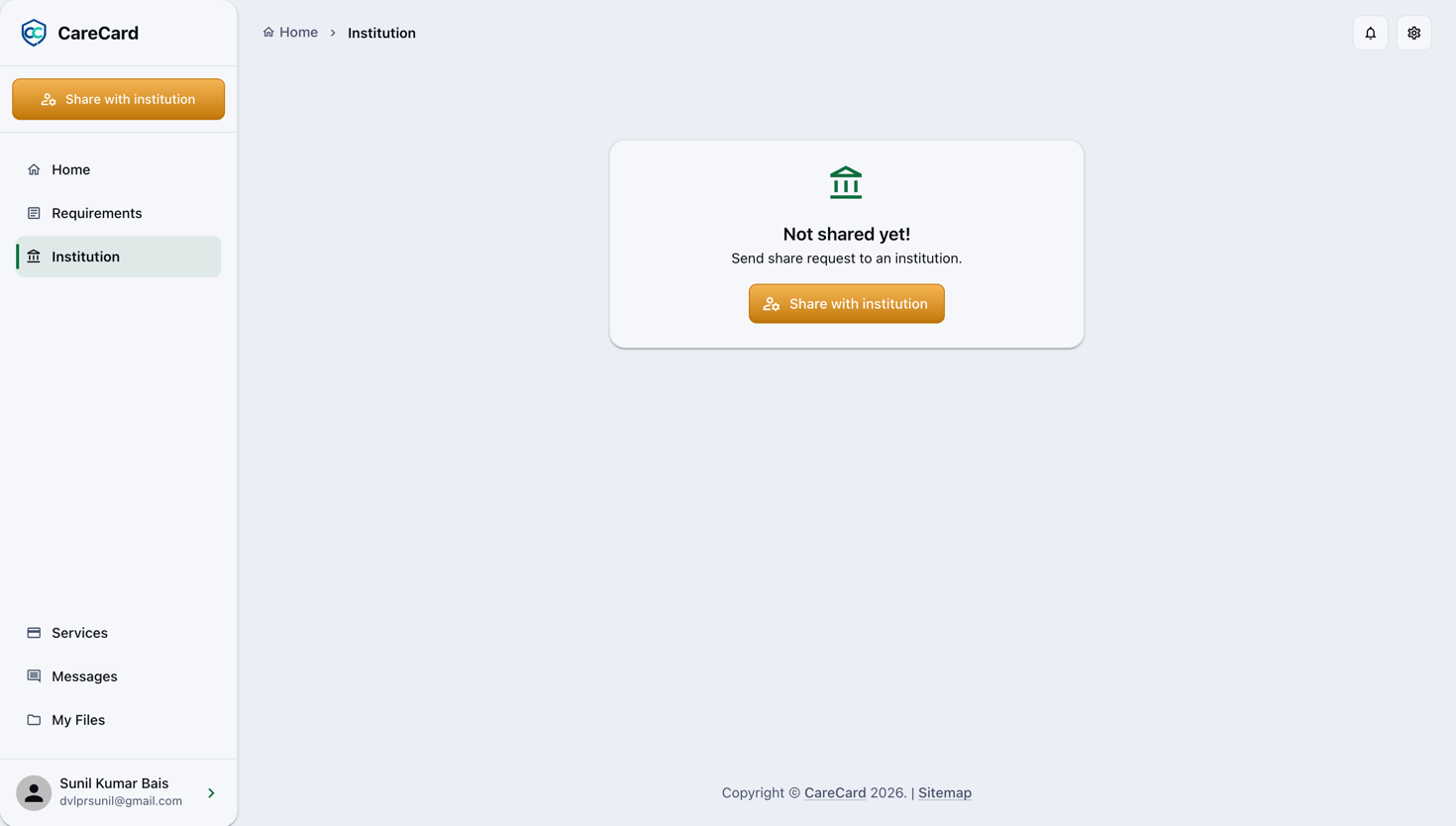 État vide de la page Établissement de CareCard : une carte Pas encore partagé ! avec un bouton Partager avec un établissement, et un bouton Partager avec un établissement en haut du menu latéral