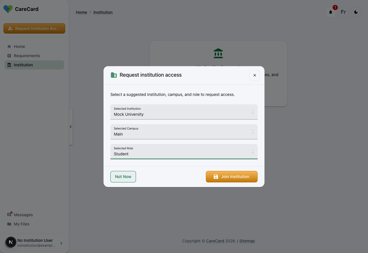 Request institution access form filled in with Mock University, Main campus, and Student role selected