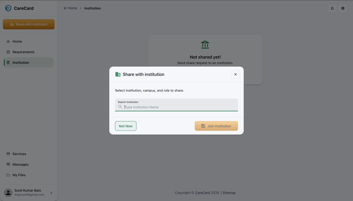 Boîte de dialogue Partager avec un établissement : un champ Rechercher un établissement, et les boutons Pas maintenant et Rejoindre l'établissement