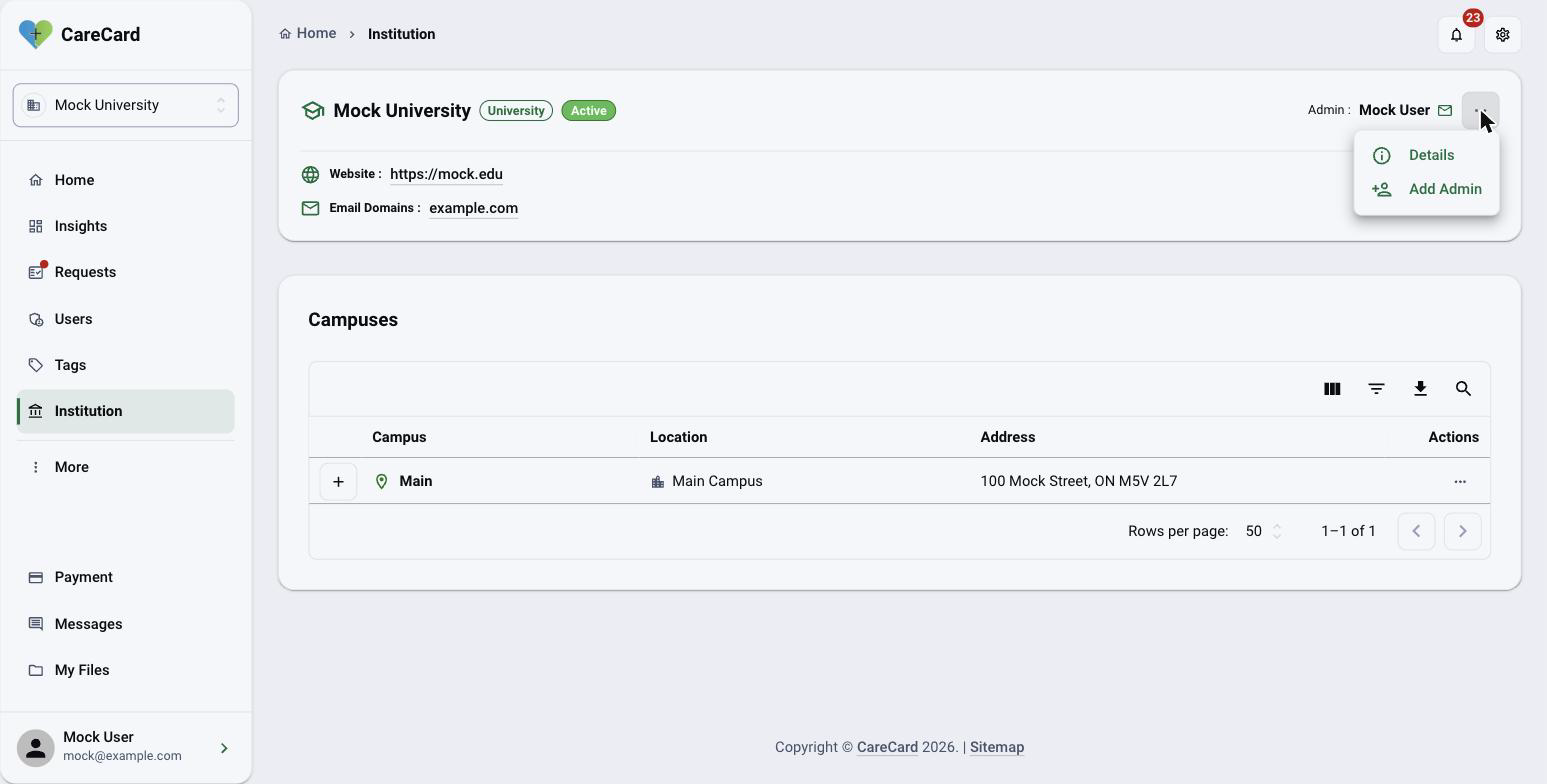 Institution page with the institution row's ⋯ menu open, showing Details and Add Admin