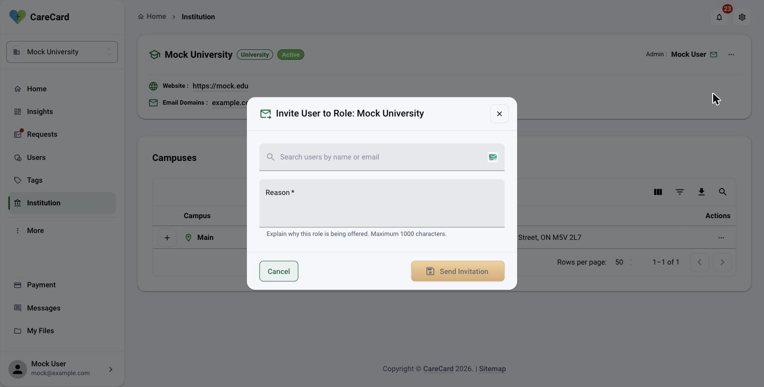 Invite User to Role dialog with a search users by name or email field, a required Reason field, and Cancel and Send Invitation buttons