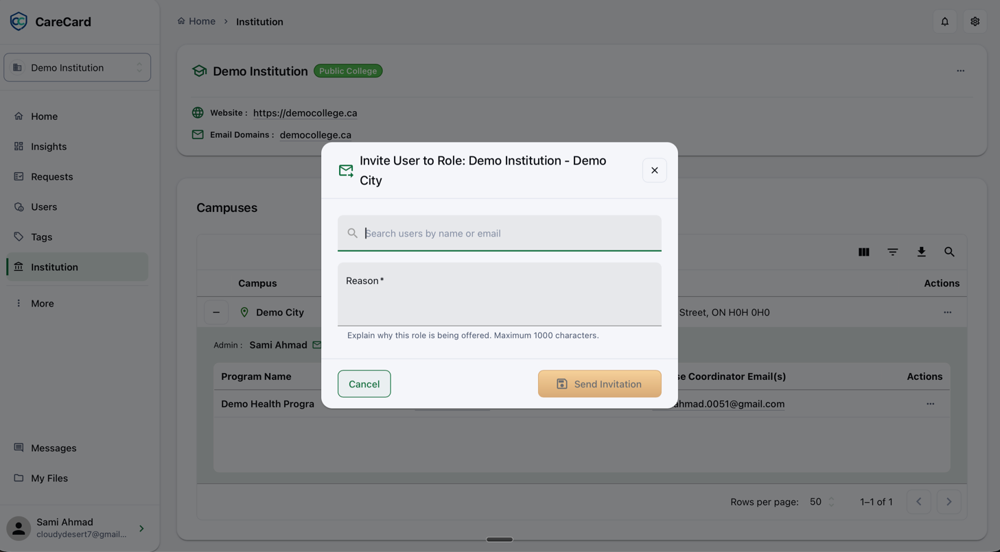Invite User to Role dialog with a search users by name or email field, a required Reason field, and Cancel and Send Invitation buttons