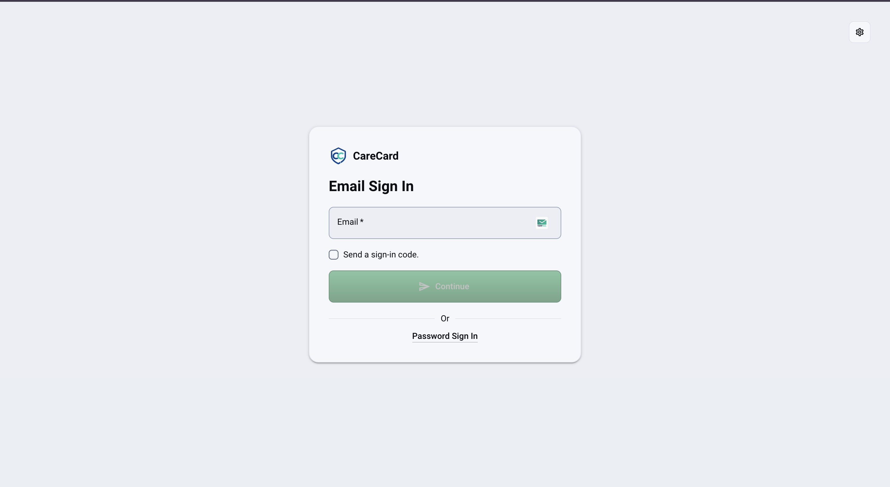 CareCard Email Sign In page with an Email field, a Send a sign-in code checkbox, a Continue button, and a Password Sign In link