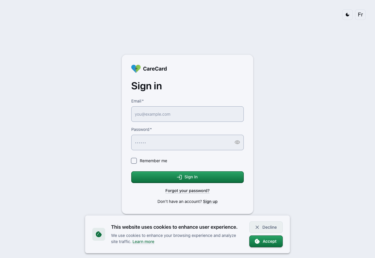 Empty sign-in form with Email and Password fields, a Remember me checkbox, and a Sign In button