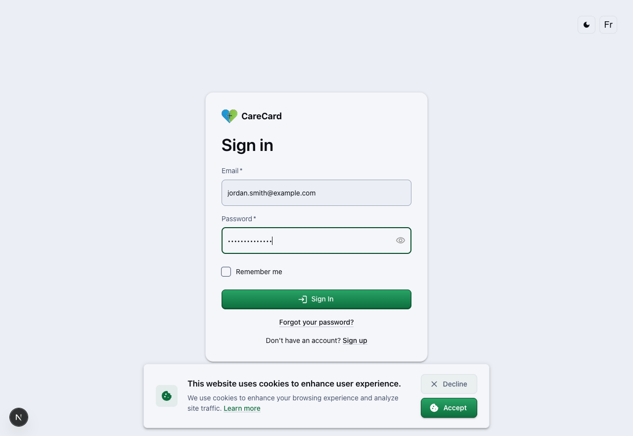 Sign-in form filled in with a sample email and password