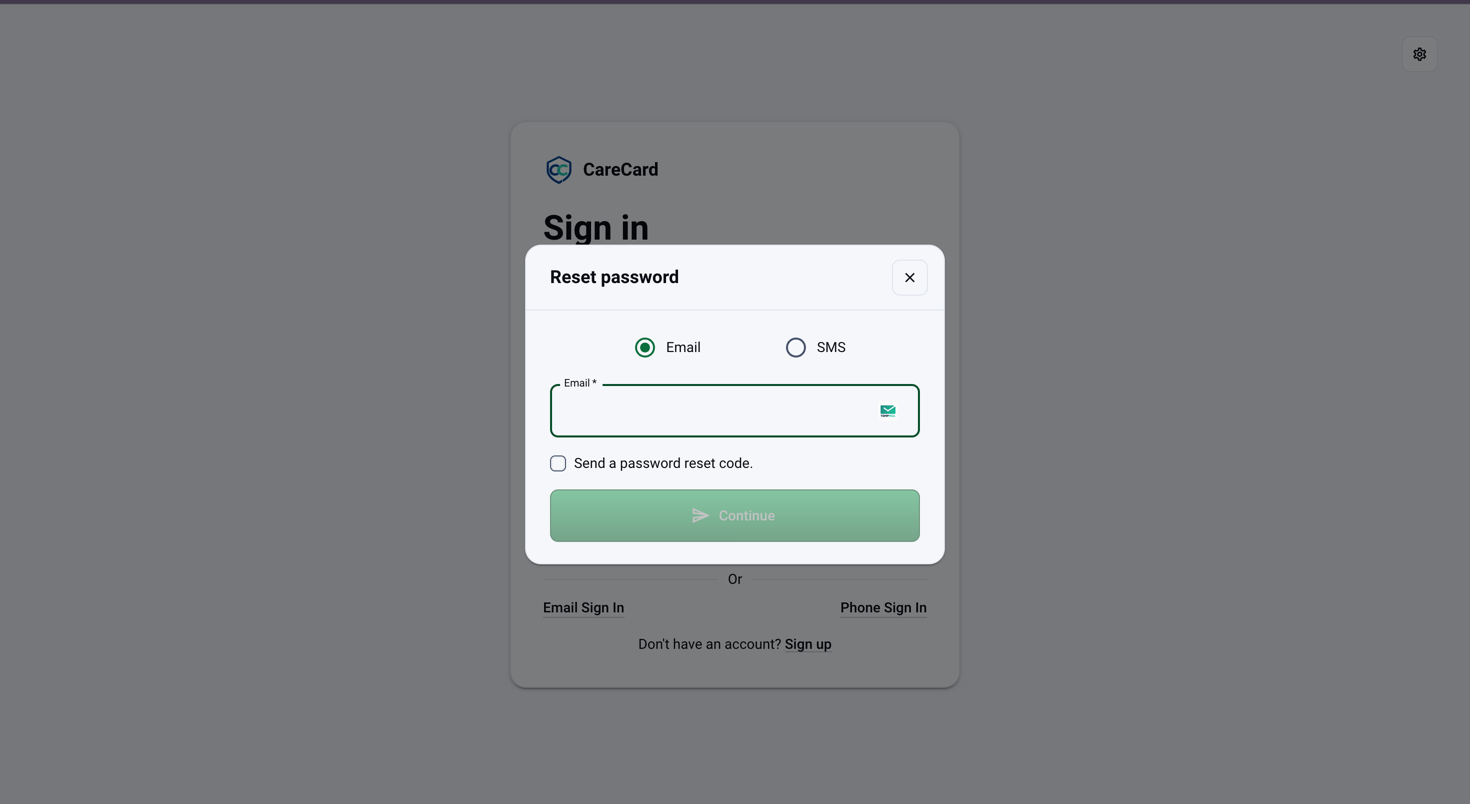 Reset password dialog with the Email tab selected, an Email field, a Send a password reset code checkbox, and a Continue button