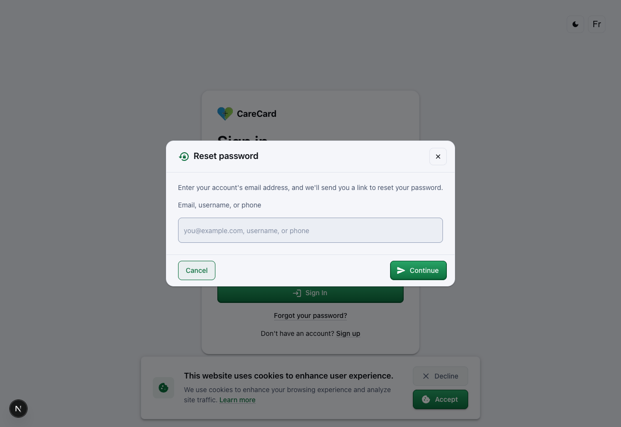 Reset password dialog with an email, username, or phone field, and Cancel and Continue buttons