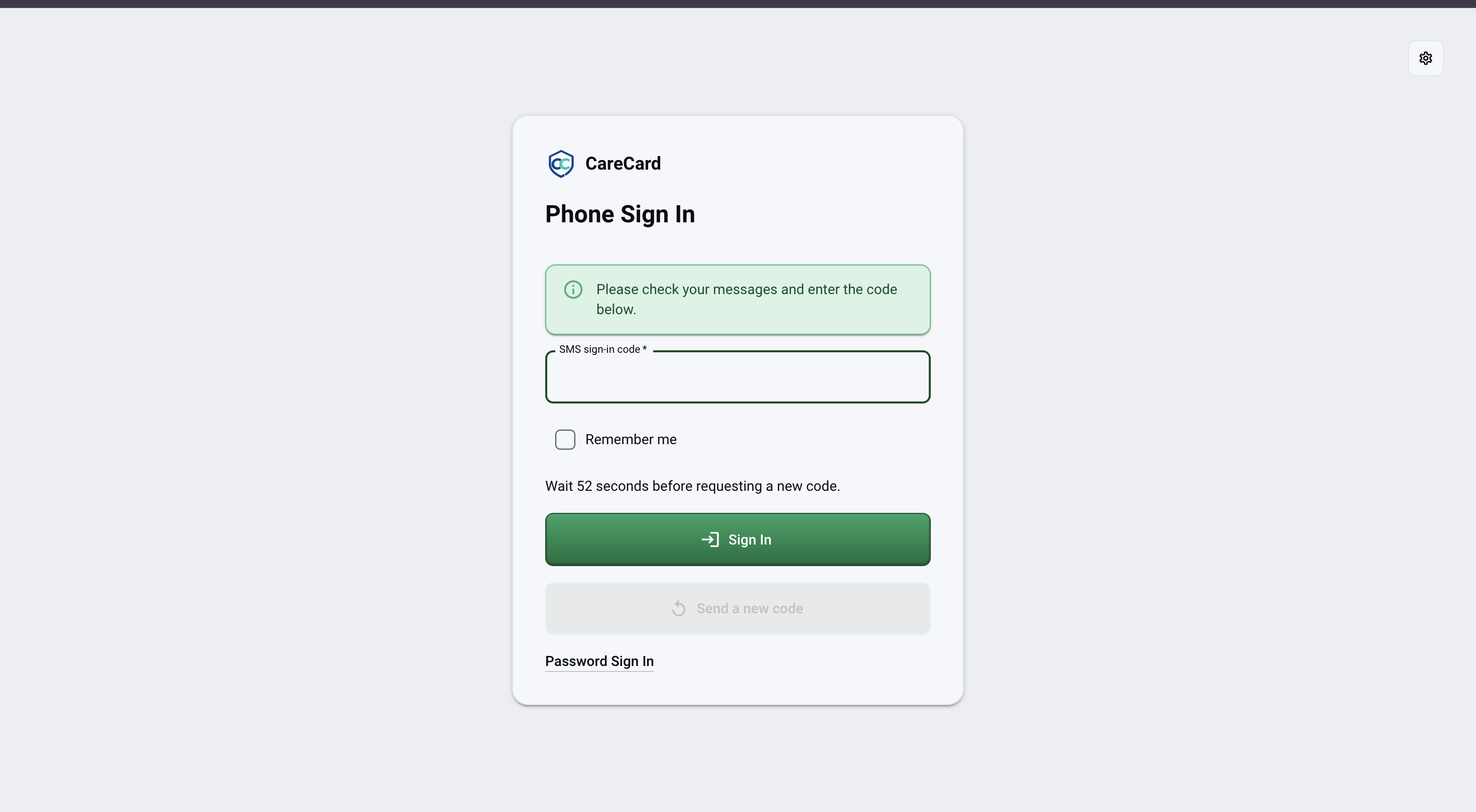 CareCard Phone Sign In code page with a Please check your messages notice, an SMS sign-in code field, Remember me, a resend timer, and a Sign In button