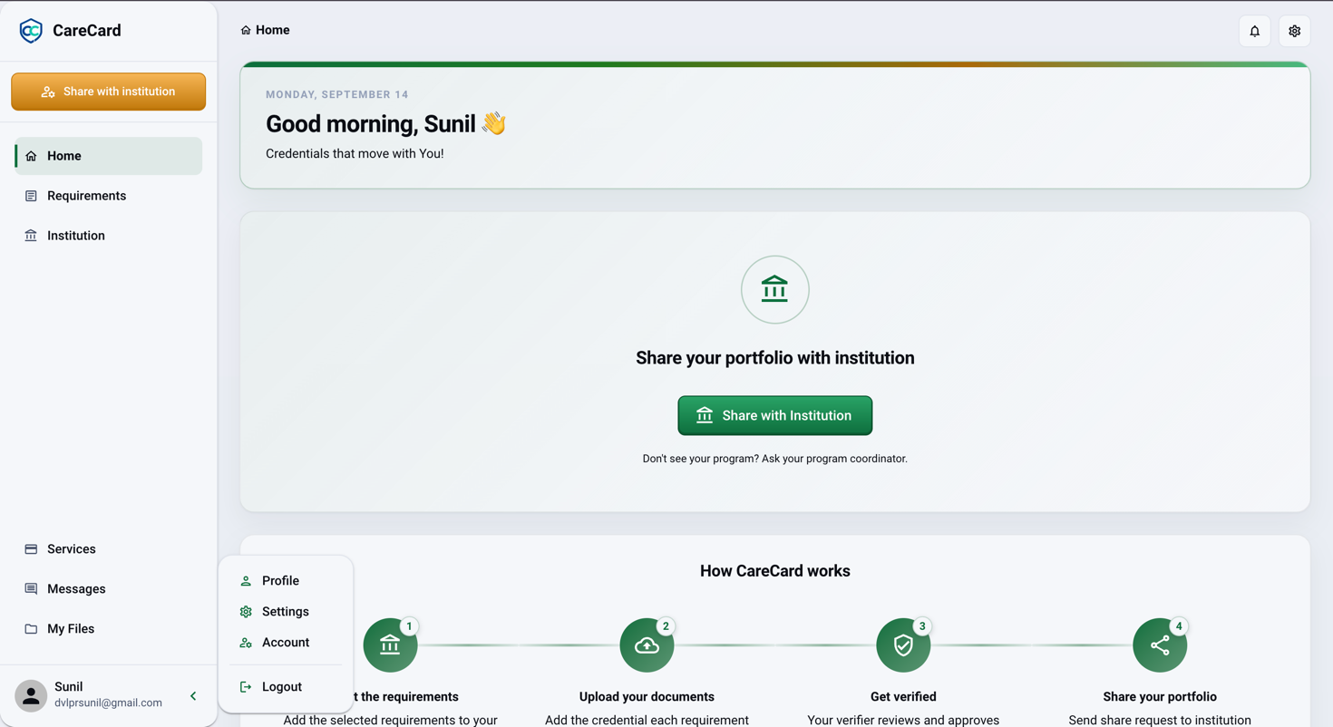 CareCard dashboard with the account menu open at the bottom of the sidebar, showing Profile, Settings, Account, and Logout