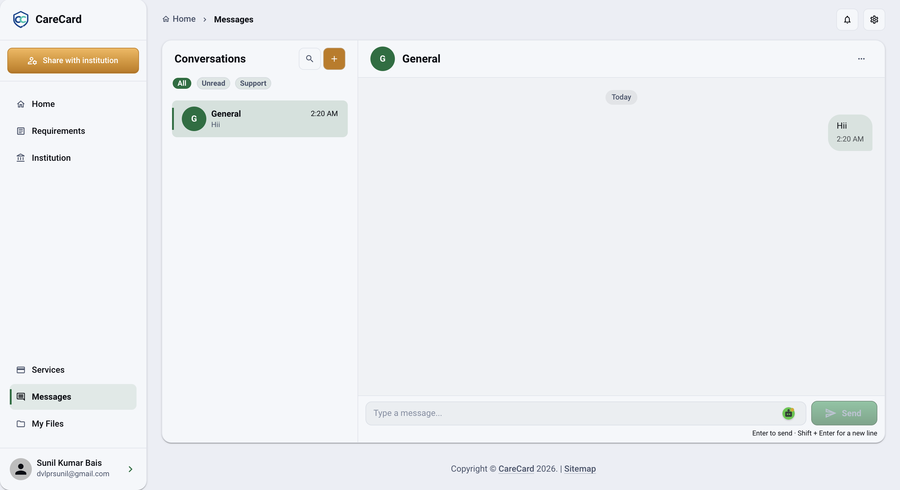 Sent message shown in the thread under a Today divider, with the message box and Send button