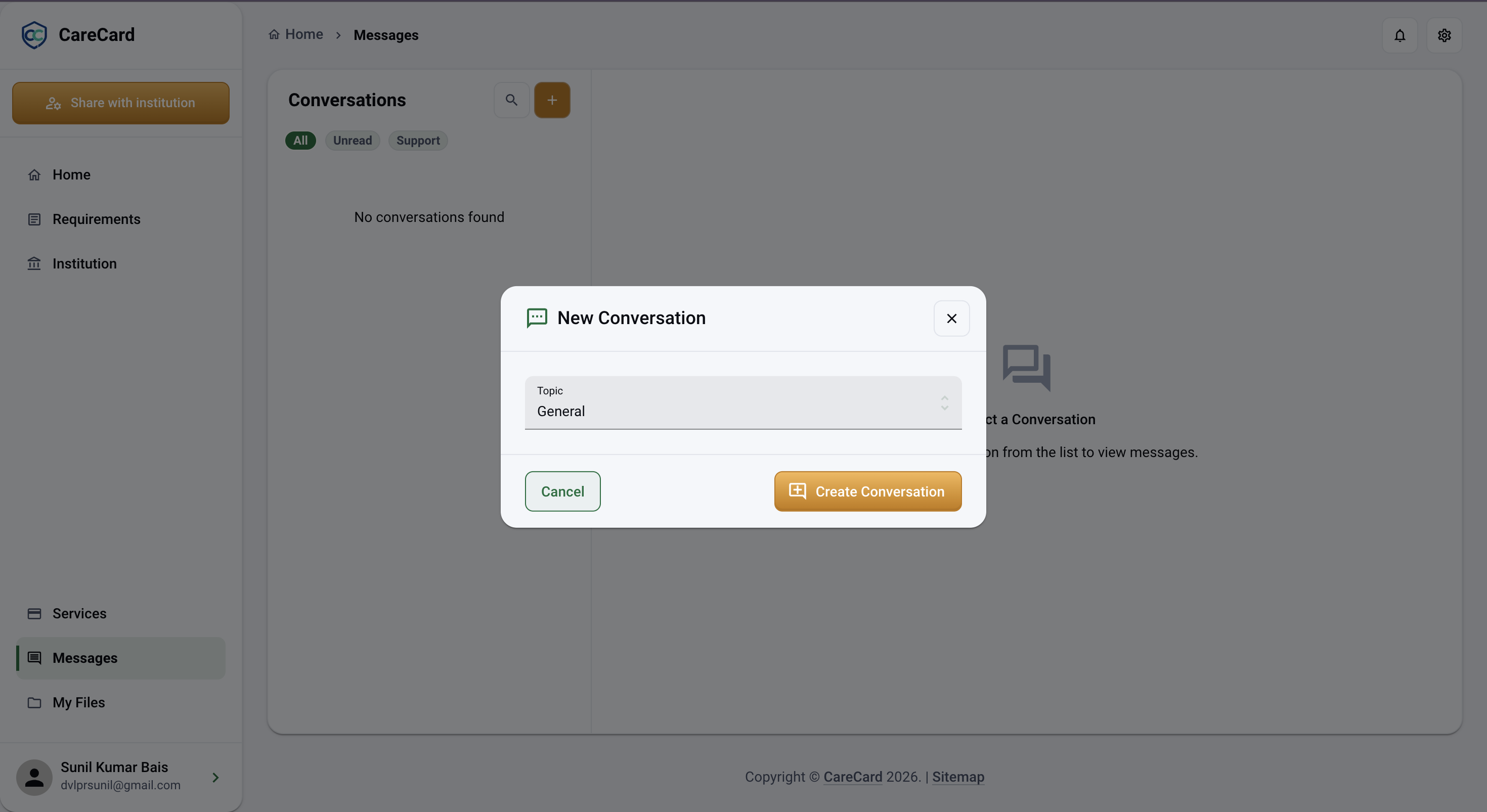 New Conversation dialog with a Topic dropdown and Cancel and Create Conversation buttons