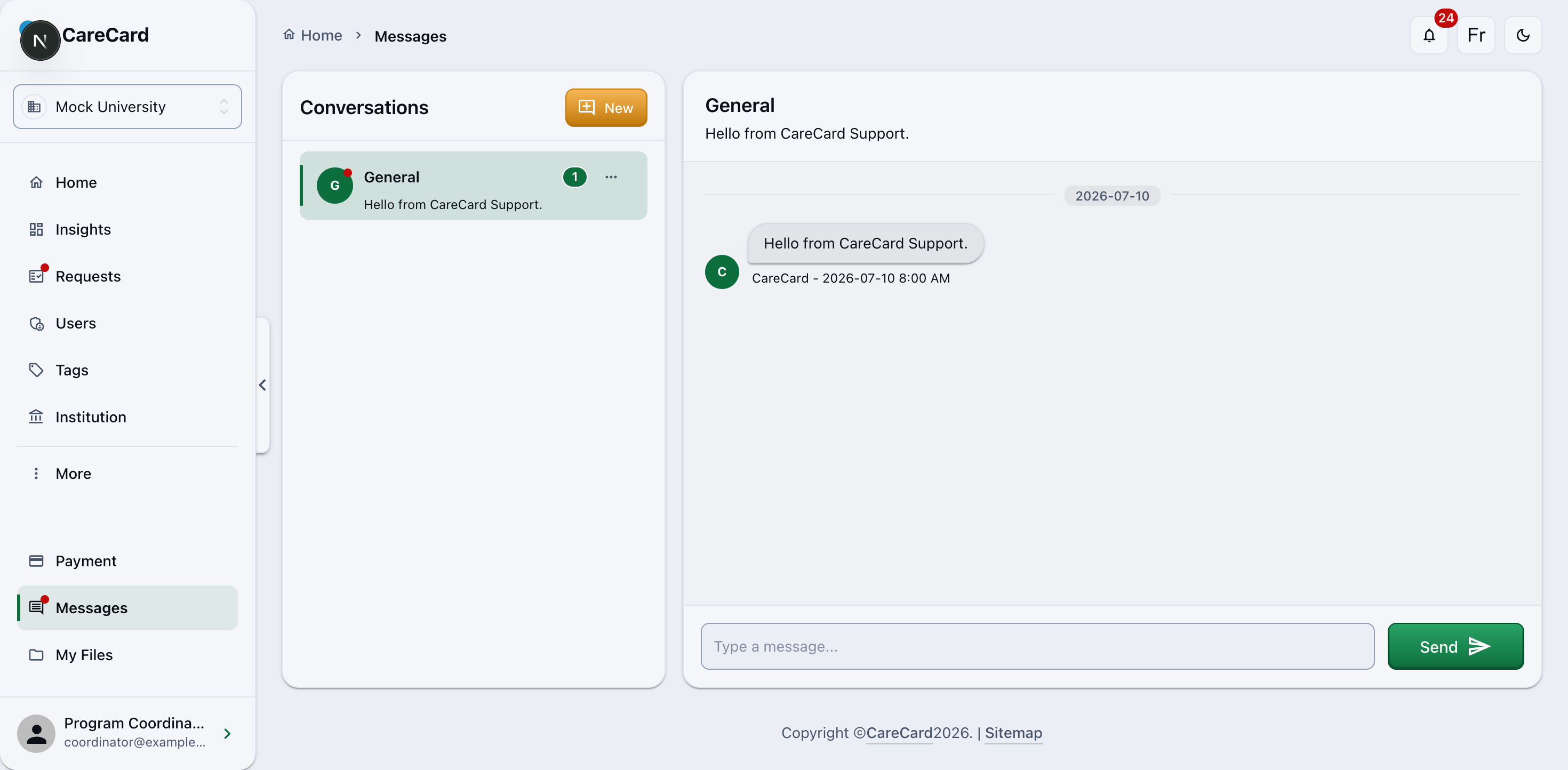 Messages page showing a General conversation with a reply from CareCard Support, the Conversations list, and the message box