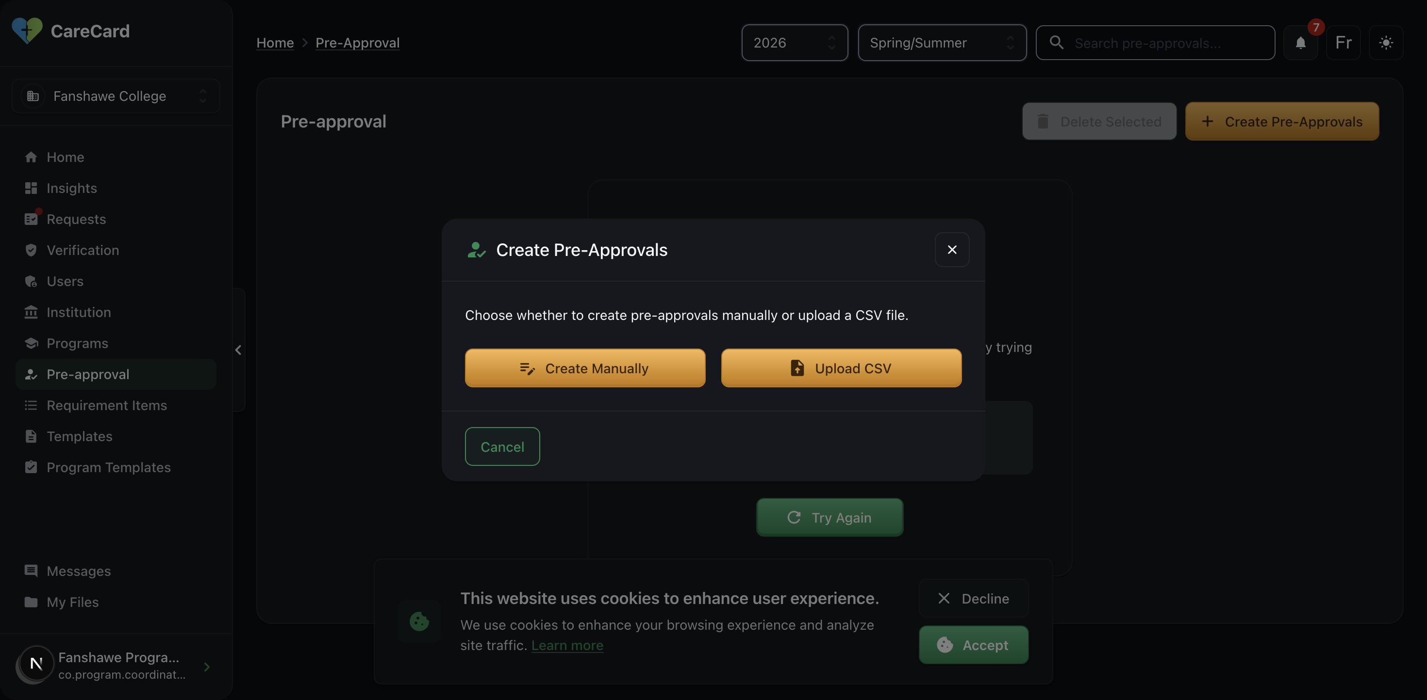 Create Pre-Approvals dialog with Create Manually and Upload CSV options