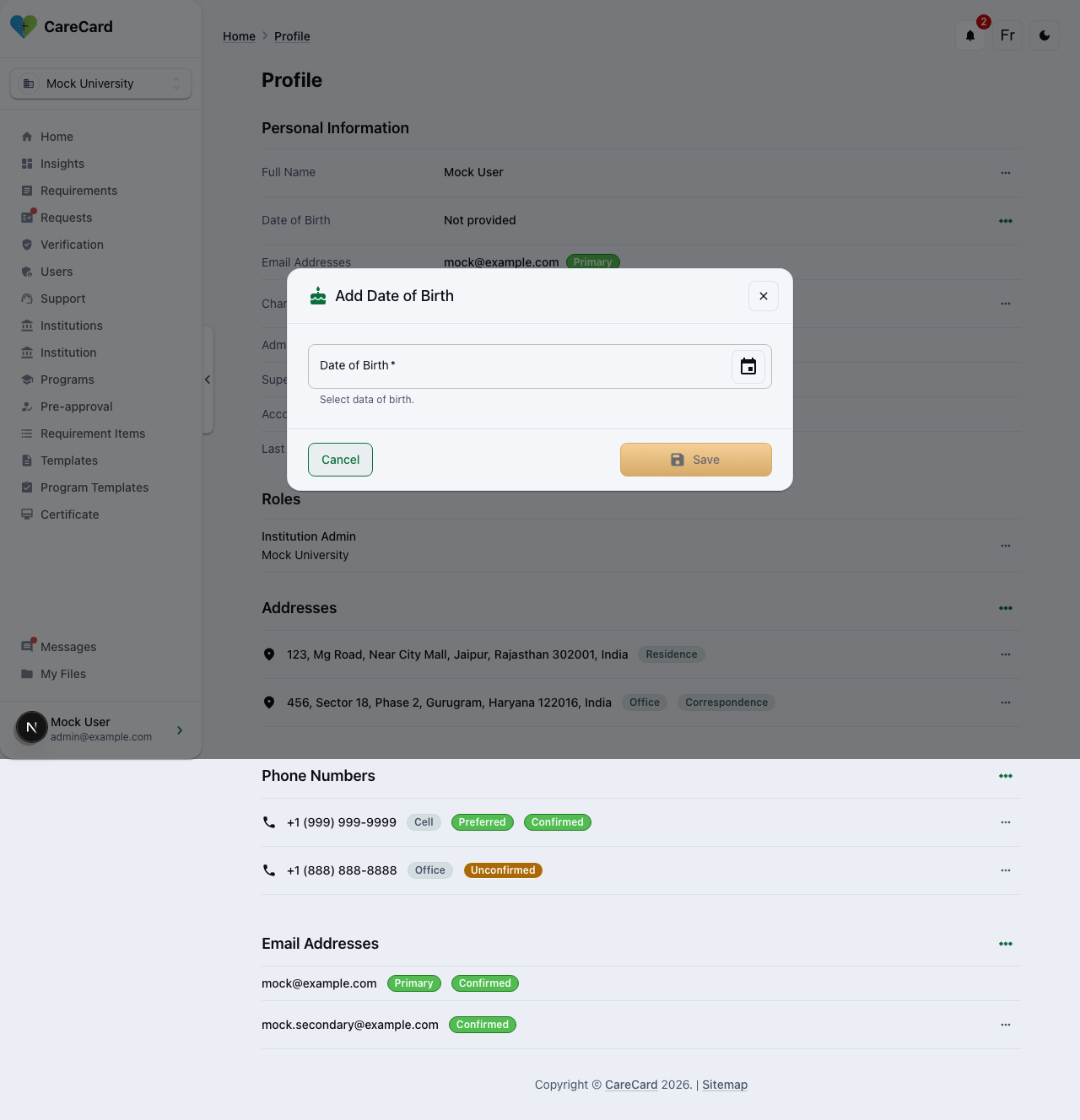 Add Date of Birth dialog with a date picker field