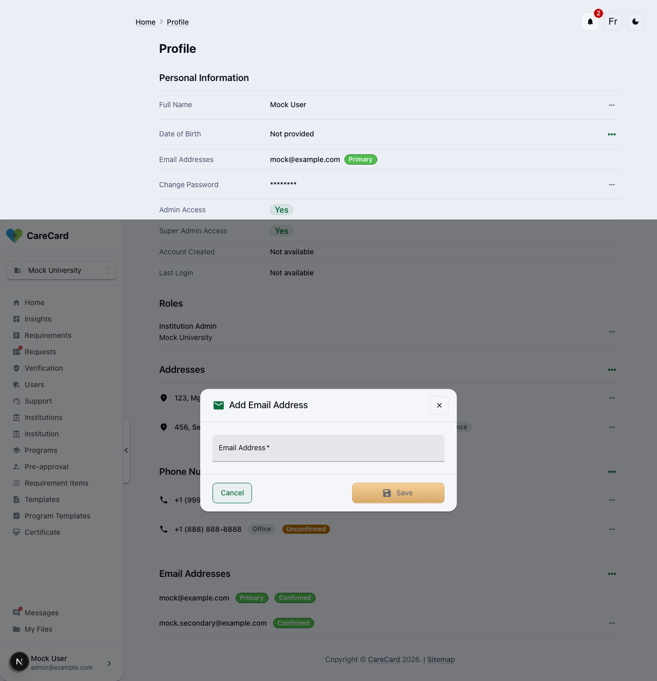 Add Email Address dialog with an email input field