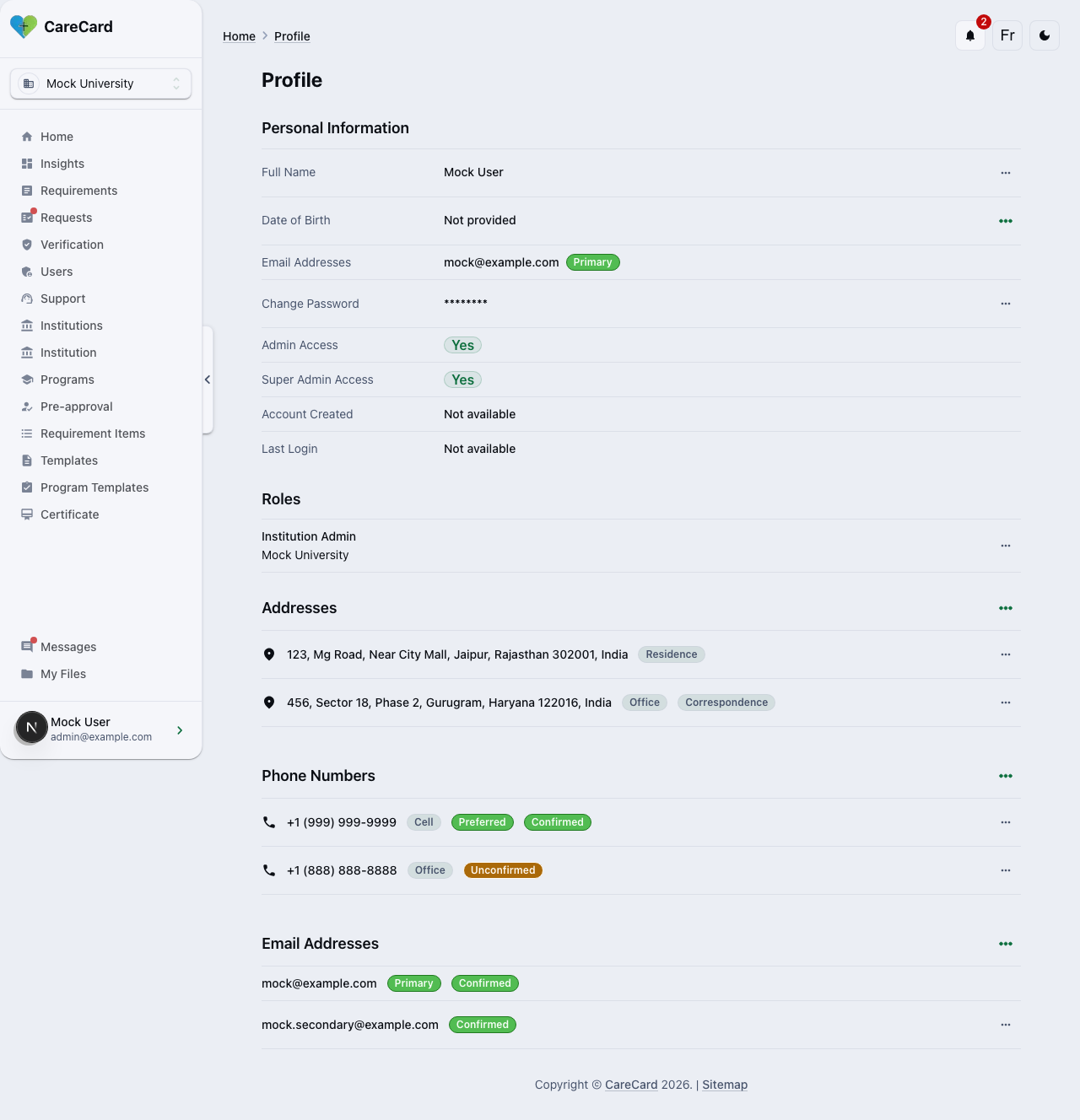 Profile page listing Personal Information, Roles, Addresses, Phone Numbers, and Email Addresses sections