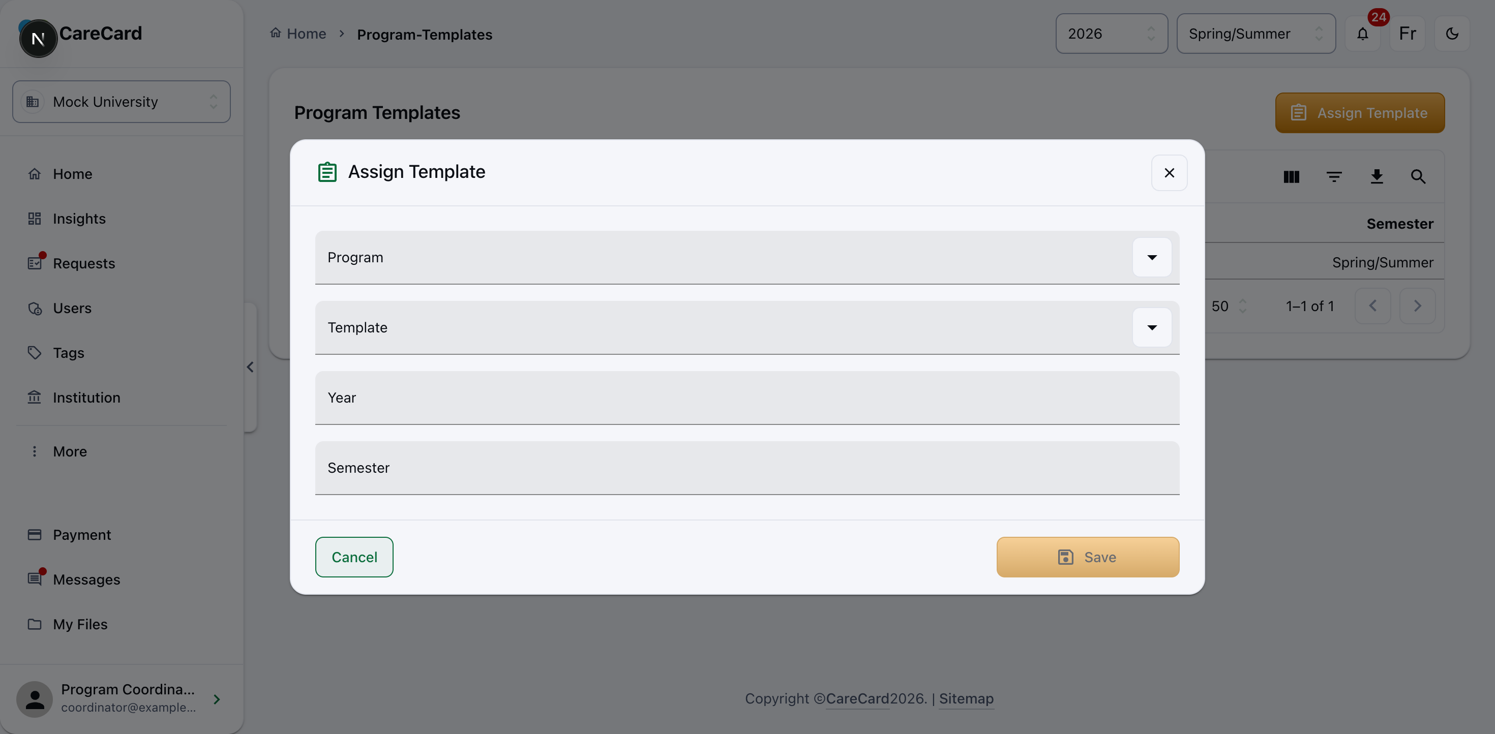 Assign Template dialog with Program, Template, Year, and Semester fields