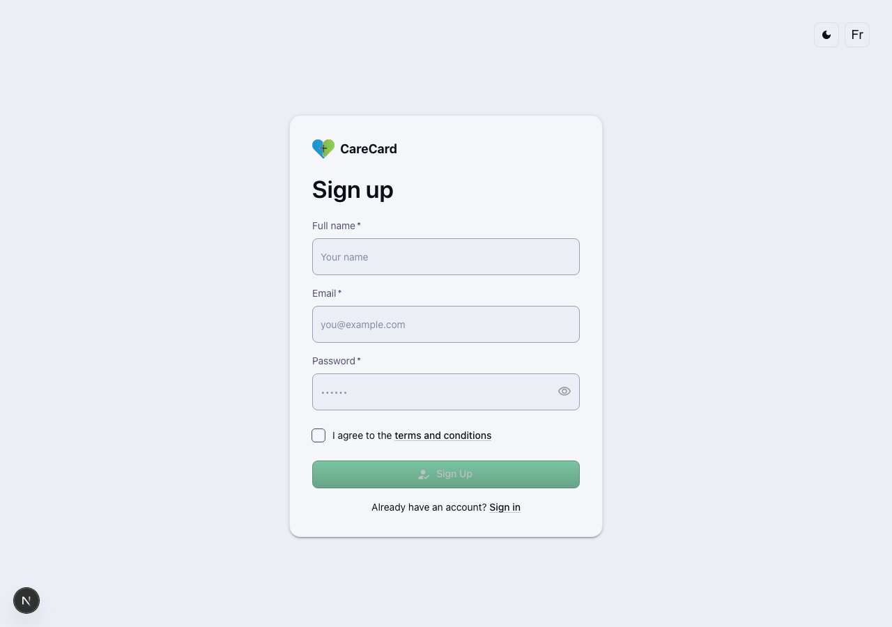 Empty sign-up form with Full name, Email, and Password fields