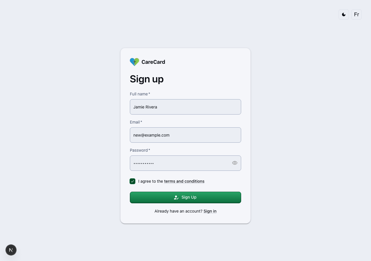 Sign-up form filled in with a sample name, email, and password, terms checkbox checked