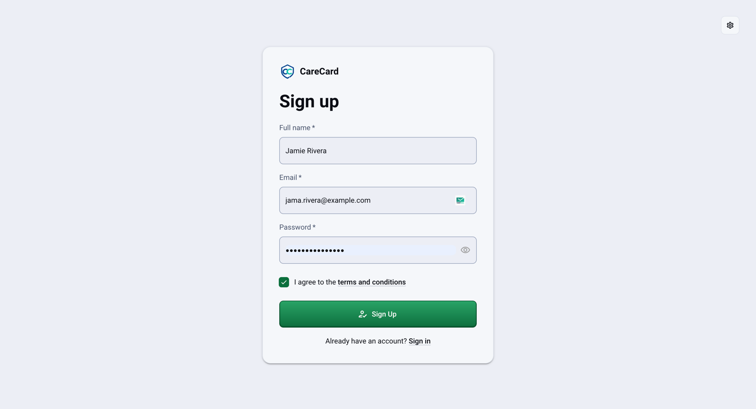 CareCard sign-up form filled in with a sample name and email, a masked password, and the terms checkbox selected