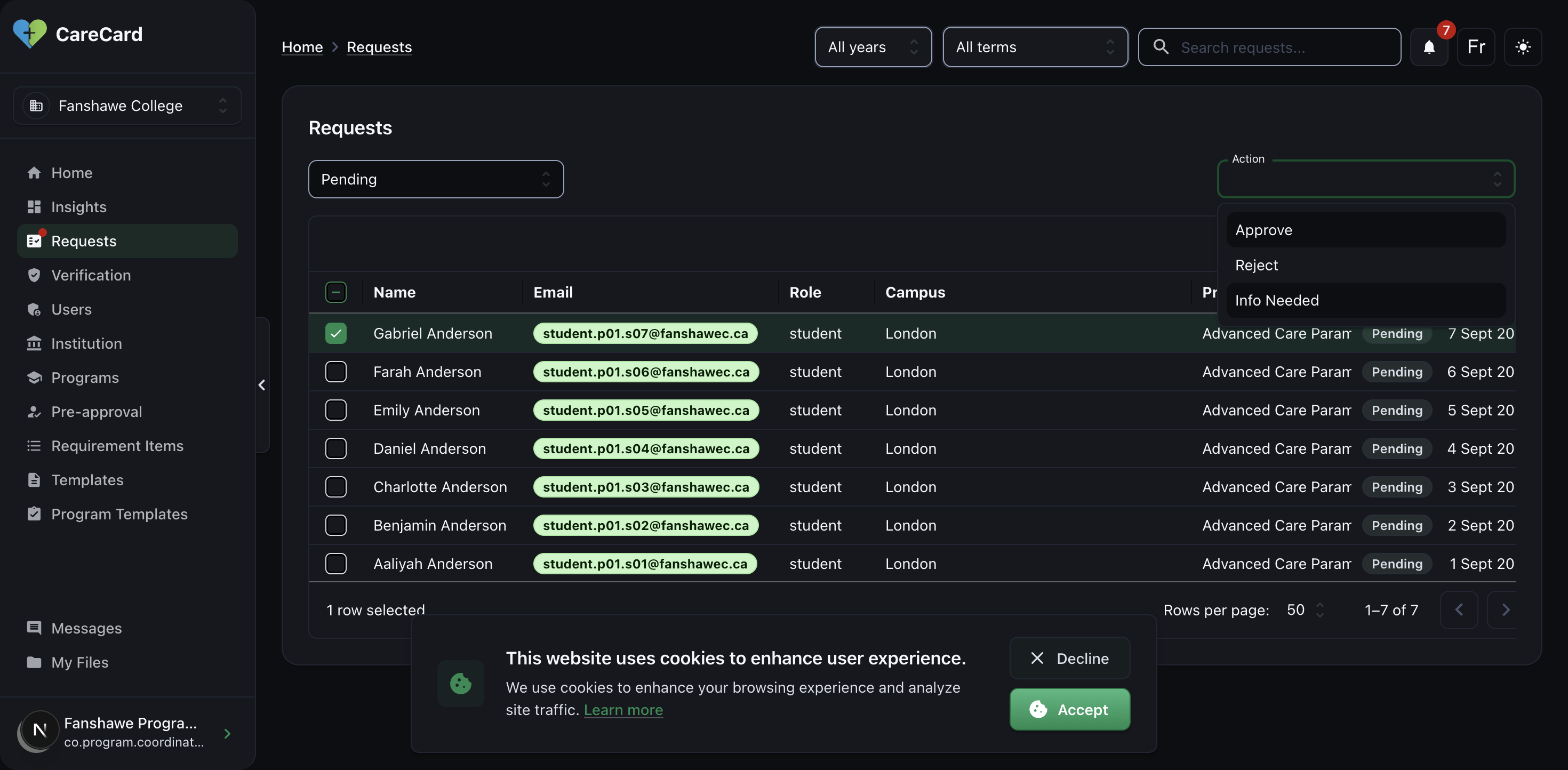 Action menu open on a selected request showing Approve, Reject, and Info Needed options