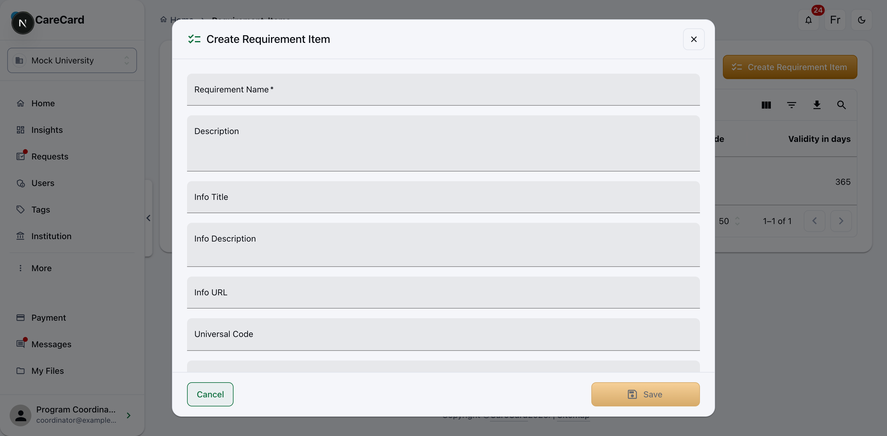 Create Requirement Item dialog with Requirement Name, Description, Info Title, Info Description, Info URL, and Universal Code fields