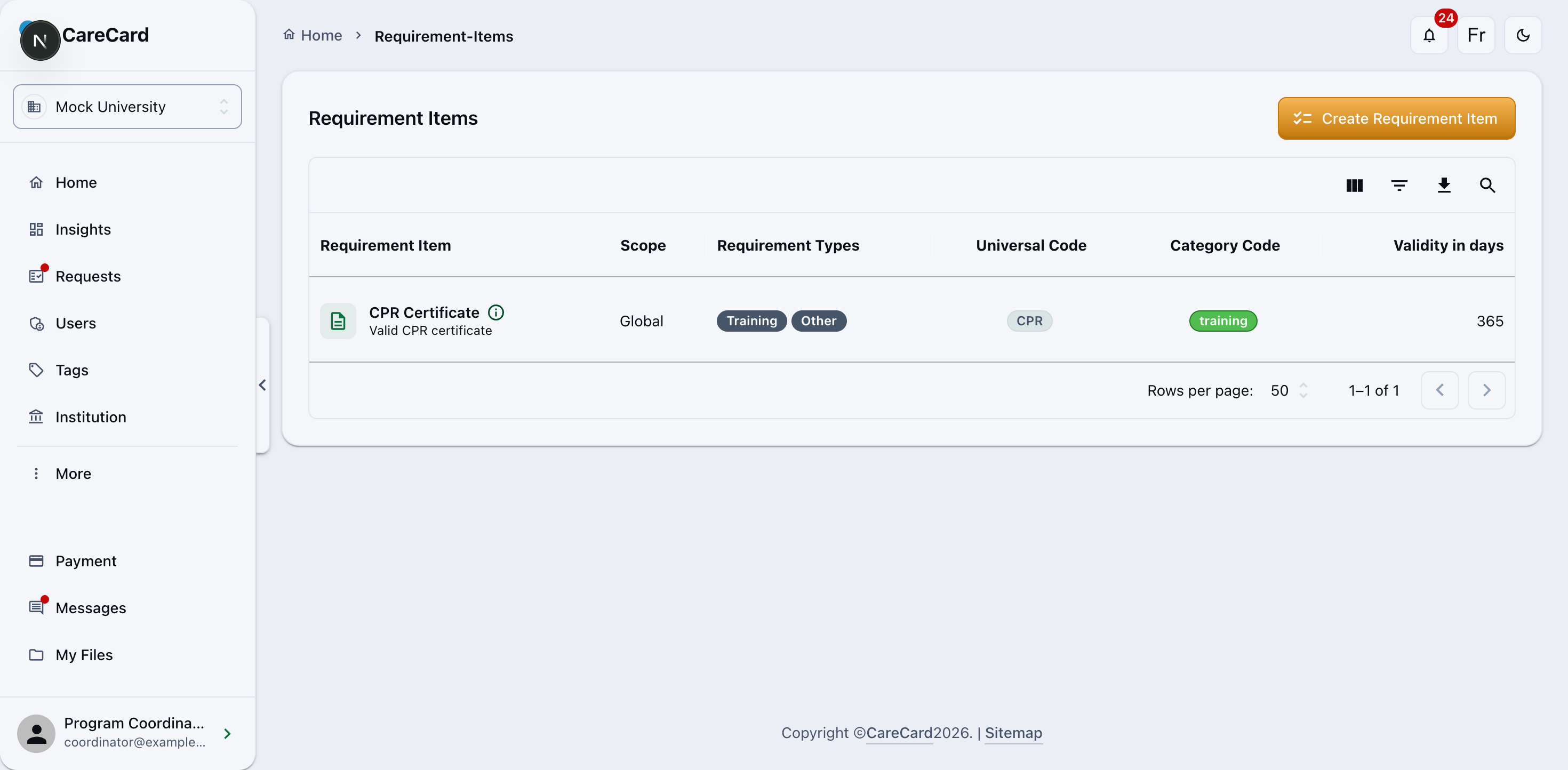 Requirement Items page listing CPR Certificate with its scope, requirement types, codes, and 365-day validity