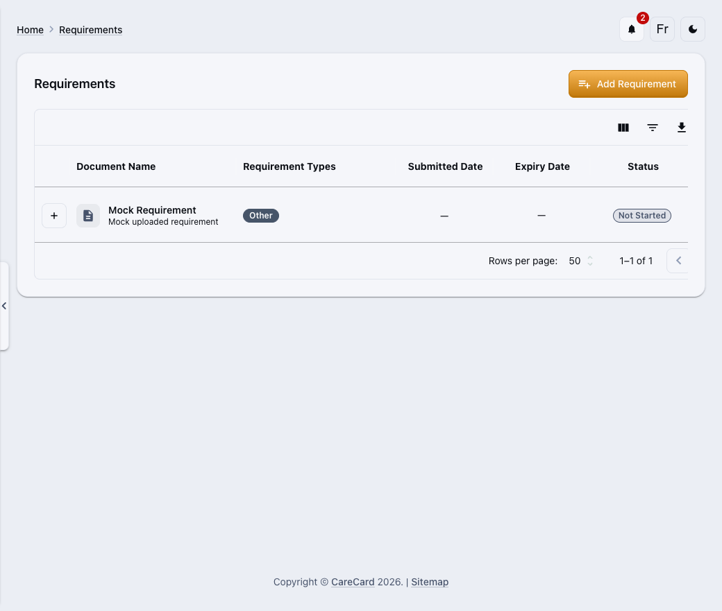 Requirements page listing a requirement row with its status and an Add Requirement button