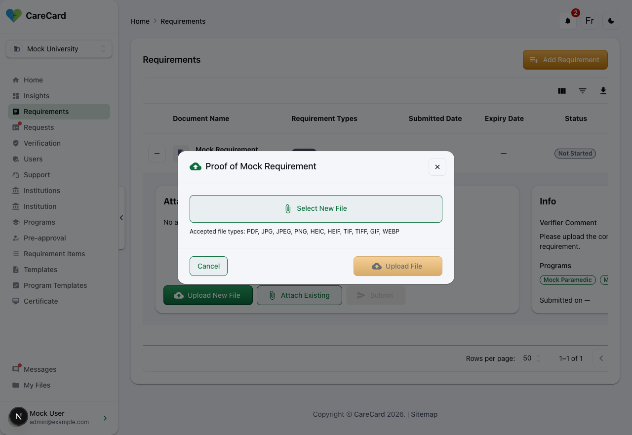 Proof of requirement upload dialog with a Select New File button and accepted file types listed